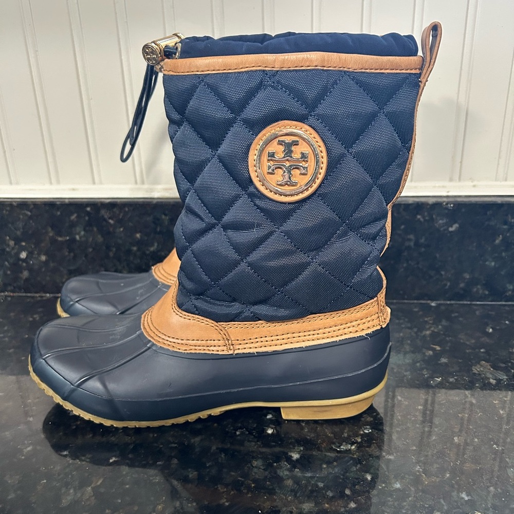 Tory Burch Quilted Navy and Brown Boots